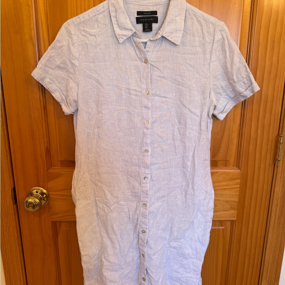 Tahari Light Blue/White Striped Linen Dress